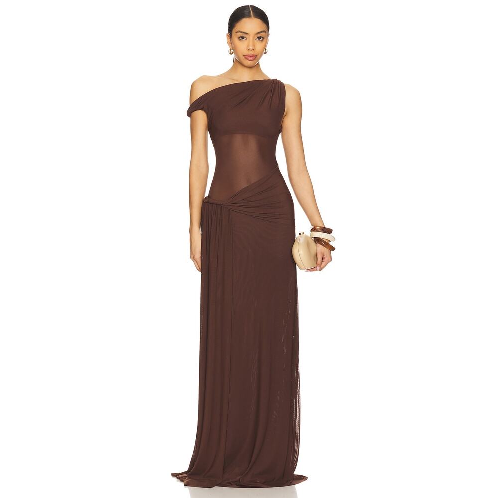Misha Sisal Espresso Goddess Ethereal Mesh Stretch Elegant Maxi $440 NWT M
